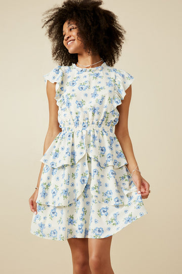 HY7198 Blue Womens Textured Romantic Floral Split Tiered Dress Front